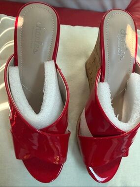Charming Charlie Red Patent Cork-Wedge Slide Sandals